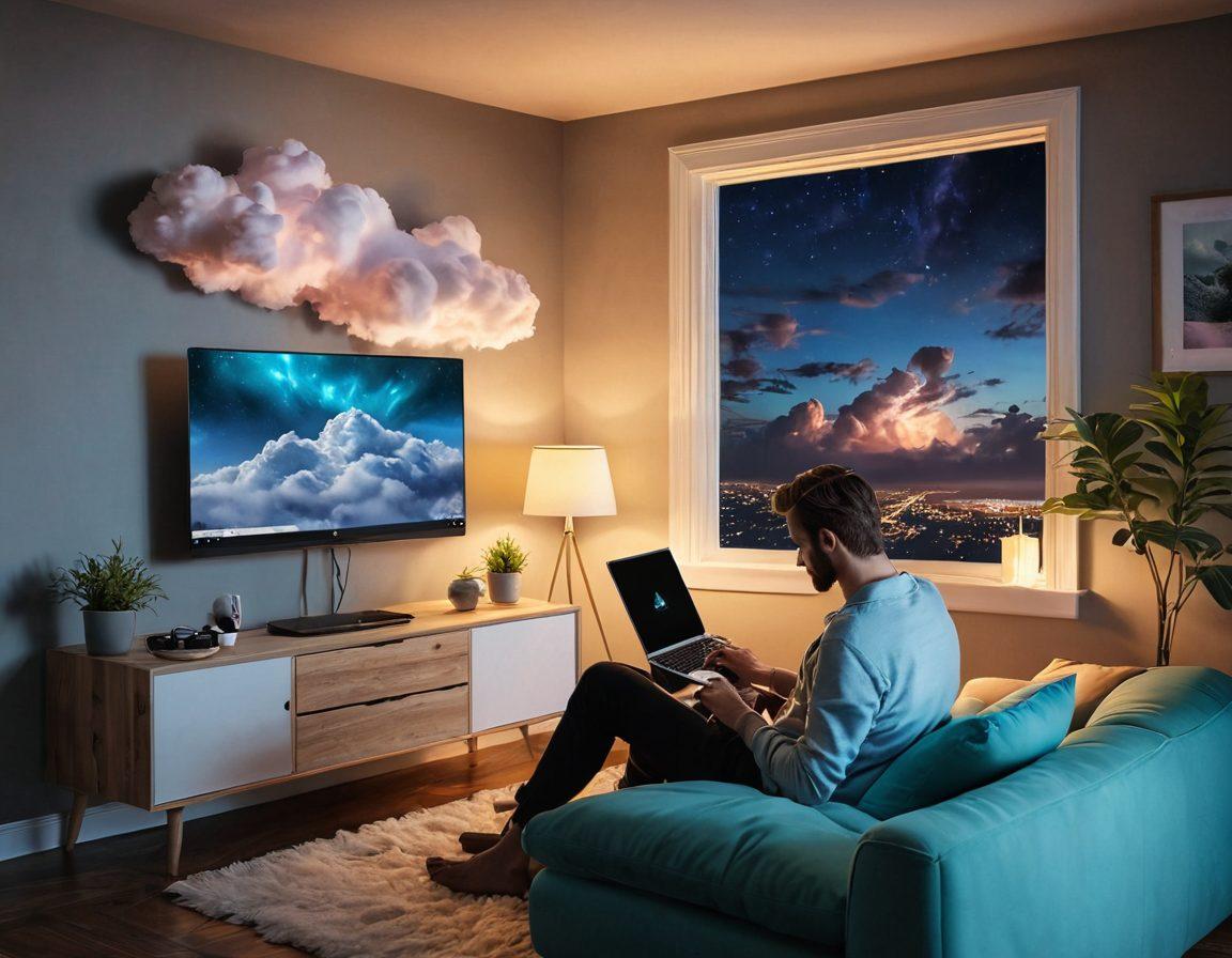 A visually captivating scene depicting a cozy room with warm lighting, where a person joyfully explores adult entertainment websites on a laptop. Elements include a plush sofa, snacks, and a steaming cup of coffee, conveying a sense of comfort and satisfaction. In the background, a digital representation of a reliable cloud hosting service, symbolizing speed and efficiency, hovers over the scene. The ambiance is intimate and inviting, focusing on the theme of pleasurable online browsing. vibrant colors. 3D.